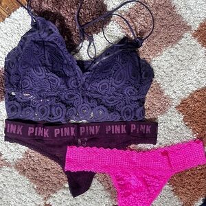 PINK Victoria's Secret Purple and Pink Lace Bralette and Panty Set